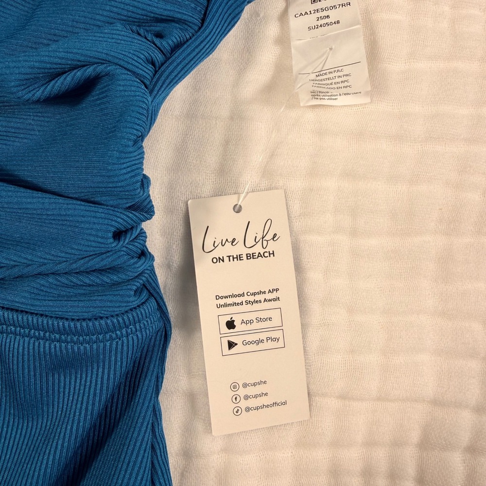 Cupshe One Piece Swimsuit S Teal Blue Ribbed Ruched Starfish Charm Cutout Back - Picture 4 of 15
